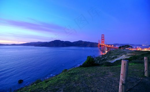 桥梁,湖泊,海洋,天空,山峦,晚上金门大桥