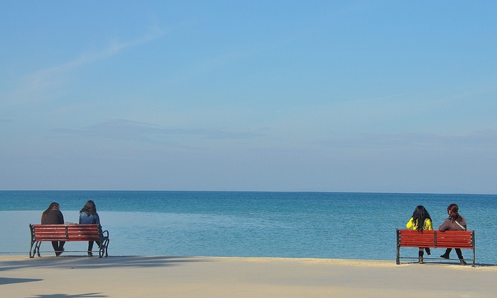 公园，长凳，座位，坐在，一对，海滩，大海，天空