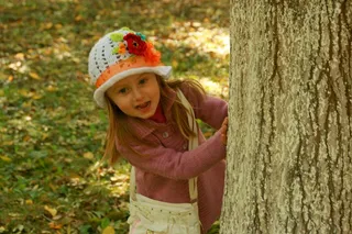 儿童，女孩，金发，蓝眼睛，树，隐藏，秋季