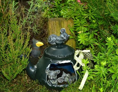 茶壶，锅，装饰，床，老鼠，Gartendeko