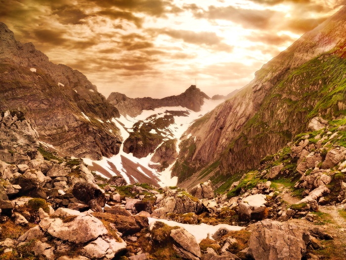 山峰，山，Säntis，石头，首脑会议，天空