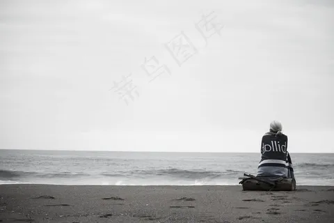 海滩，人，坐，寻找，水，天空，岛