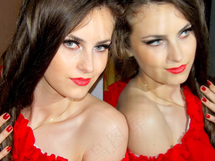 女孩，镜子，肖像，红色的唇膏，反射，很好