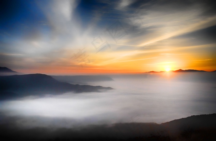 天空,霞光,山峦,模糊图片,海洋,夕阳在山与云