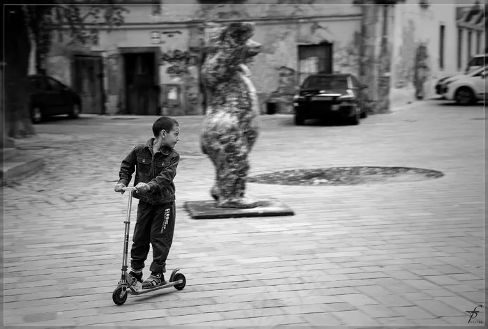 儿童，男孩，播放，滑冰，乐趣，街，黑白色