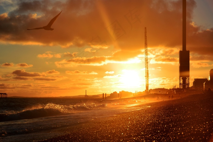 日落，海滩，波浪，鸟类，起重机，工业