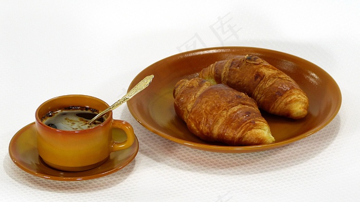 牛角包，板，杯，咖啡，棕色，布鲁内特，碟