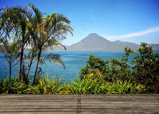 阿蒂特兰，危地马拉，徽标，水，棕榈树，木材，意见