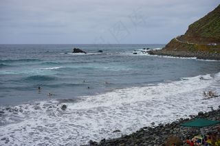 海滩，熔岩，沙，特内里费岛，熔岩沙，海，波