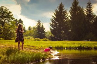 女孩，钓鱼，溪，娱乐，钓鱼竿，自然