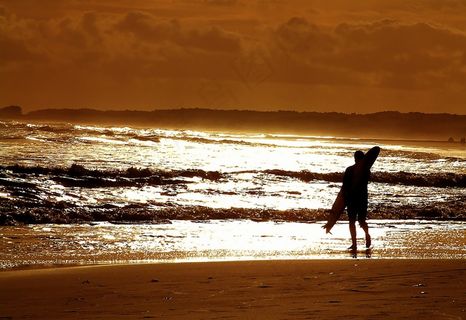 冲浪，日落，海，冲浪者，海滩，岸，和平