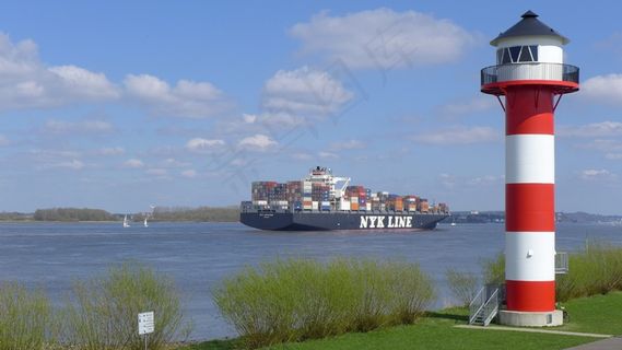 灯塔，集装箱船，河，易北河
