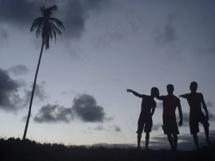 天空,椰子树,棕榈,树,阴云密布,朋友在日落时在海滩上的剪影