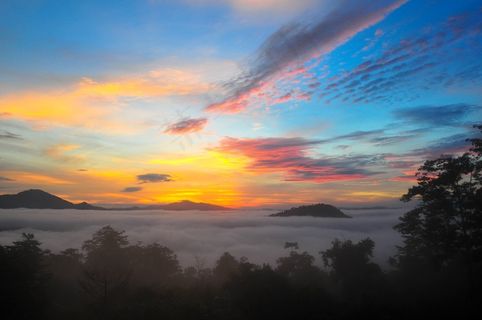 日落，戏剧性，查看，风景，多彩，云团