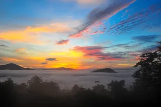 日落，戏剧性，查看，风景，多彩，云团