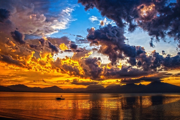 霞光,天空,卷积云,都市夜景,油画,在日落时在湖上划船