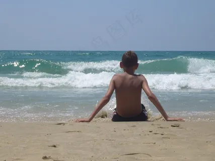 男孩，海滩，手表坐，波，休息，放松，沧海，沙