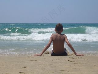男孩，海滩，手表坐，波，休息，放松，沧海，沙