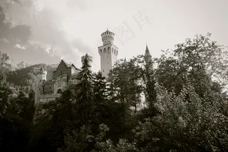 建筑,树,纪念碑,山峦,天空,BW云下的幻想城堡