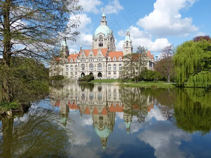 汉诺威，Maschpark，市政厅，湖，池塘，镜像