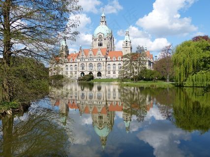 汉诺威，Maschpark，市政厅，湖，池塘，镜像