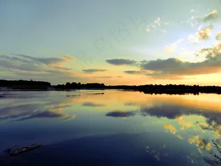 晚上，日落，湖，水，蓝色，天空