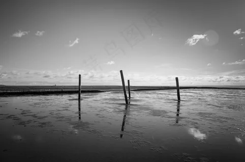 海滩,桩,天空,黑色和白色,地平线,景观 海滩,桩,天空,黑色和白色,地平线,景观
