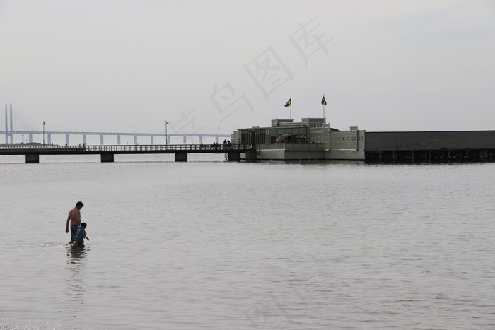 海洋，厄勒海峡，瑞典，沧海，浴，码头，码头，人