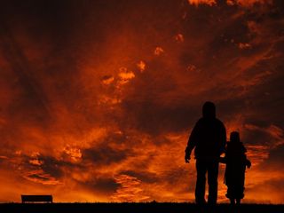 剪影，人，年轻，人，黑色，天空，日落