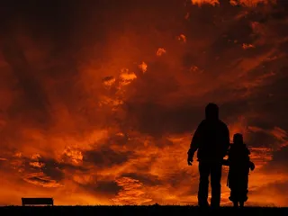 剪影，人，年轻，人，黑色，天空，日落