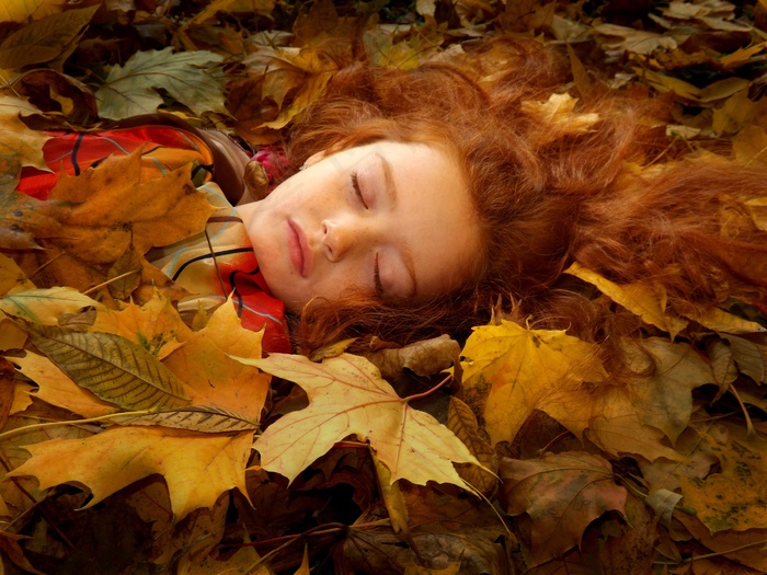 女孩，叶子，秋季，黄色，肖像，红头发