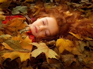 女孩，叶子，秋季，黄色，肖像，红头发