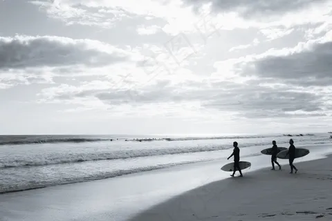 冲浪，海滩，黑白，冲浪板，地平线