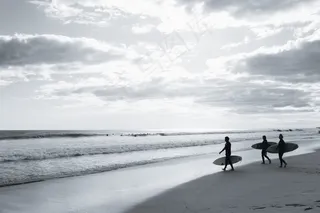 冲浪，海滩，黑白，冲浪板，地平线