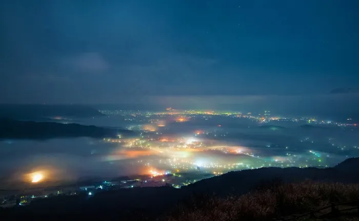 夜景，阿苏，夜，云海，日本，熊本