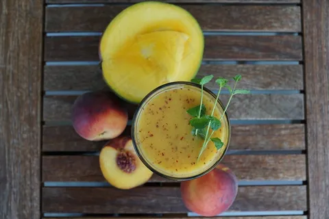 冰沙，水果，饮料，玻璃，健康，桃，芒果