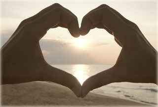 心，手，日落，海滩，海洋，大海，爱情，浪漫