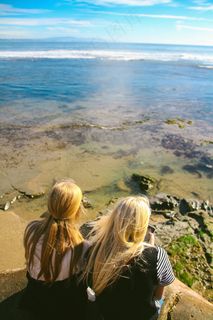 坐在岩石顶部，看着视图的两个女性朋友