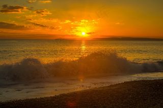 海，日落，地平线，波