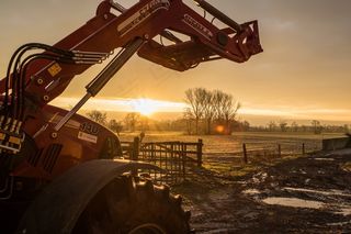 拖拉机，太阳，光，心情，天空，金，条例草案，阳光