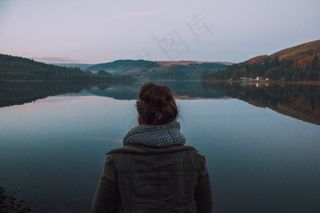 女人，湖，返回，寻找，水，常规，反射
