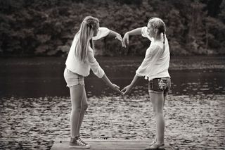 女孩，朋友，心，可爱，黑，白，湖