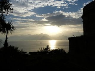 海，Abendstimmung，地平线，山，日落，云