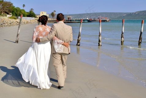 新娘和新郎，婚礼，海滩，海，结婚，全景图