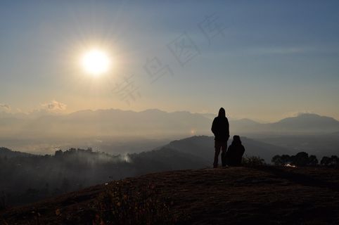 日落，人，剪影，山，丘陵，景观