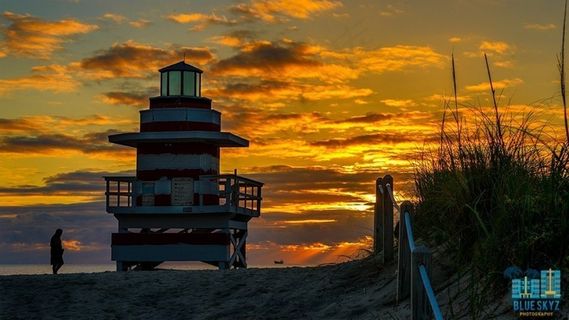 霞光,天空,卷积云,树,寺塔,南海滩上的日出