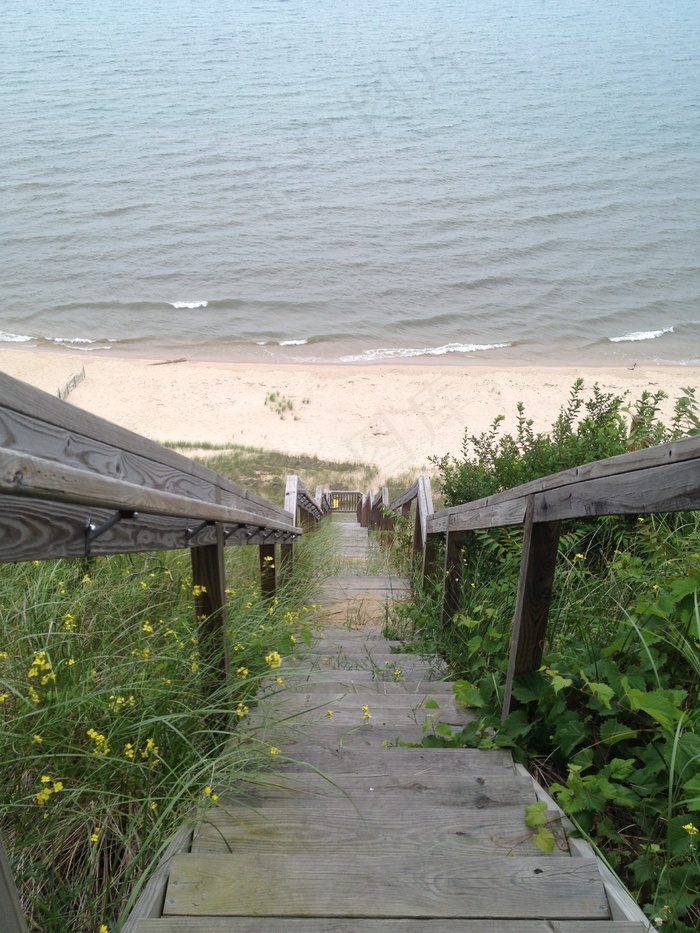 楼梯，步骤，长，海滩，海洋，滨，湖泊，栏杆