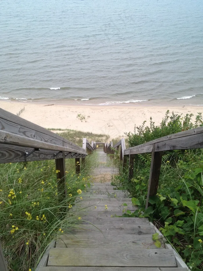 楼梯，步骤，长，海滩，海洋，滨，湖泊，栏杆