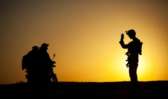 士兵向平民挥舞着,摩托车,剪影 士兵向平民挥舞着,摩托车,剪影