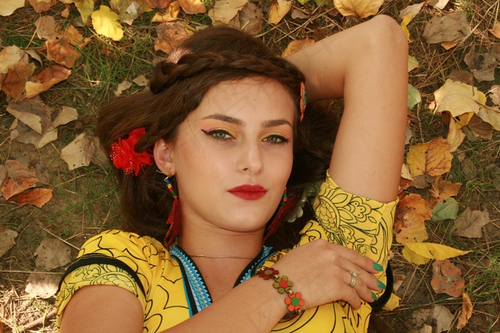 女孩，秋，叶子，肖像，植被，美